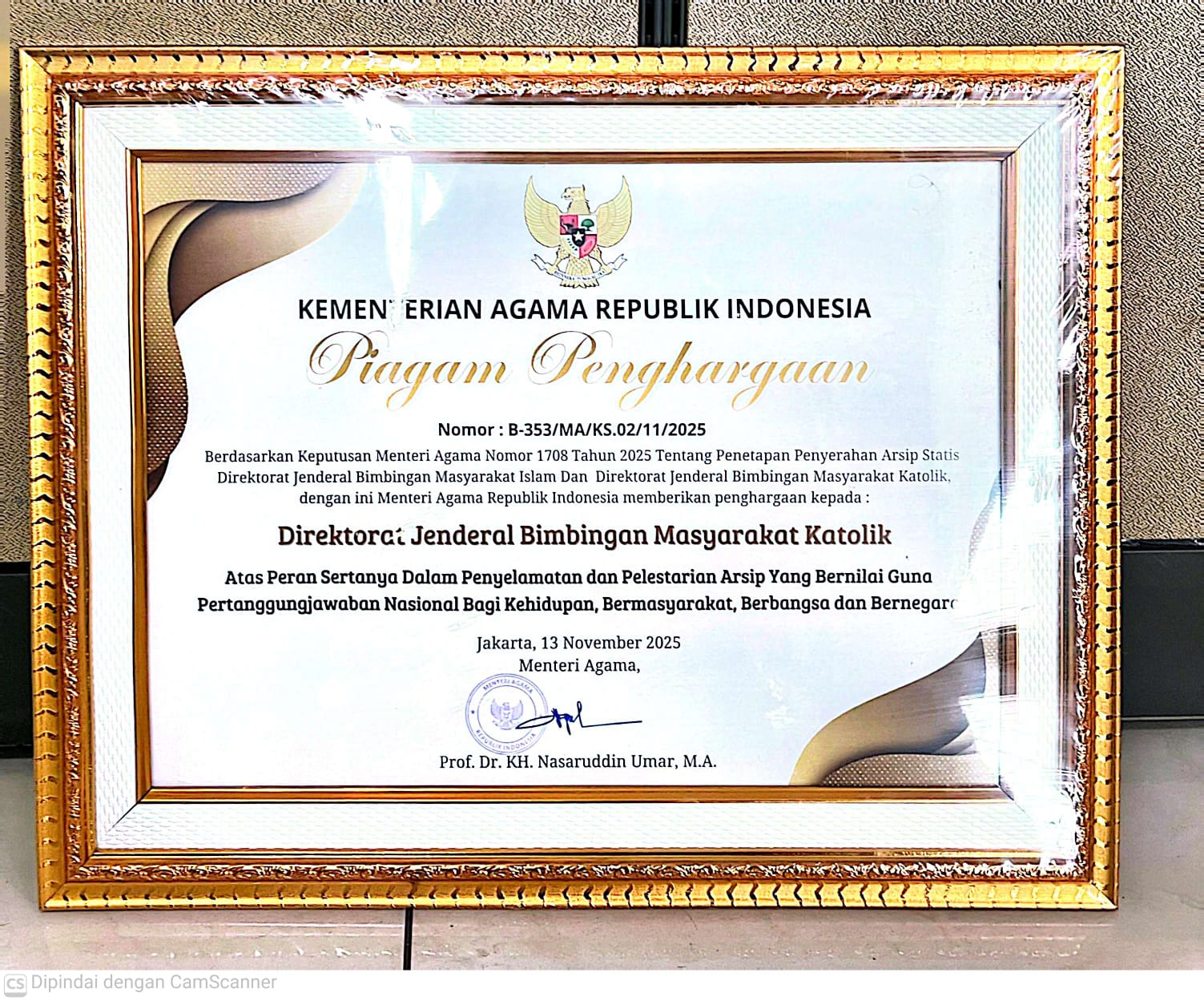 Piagam Penghargaan Pengelolaan Arsip Statis