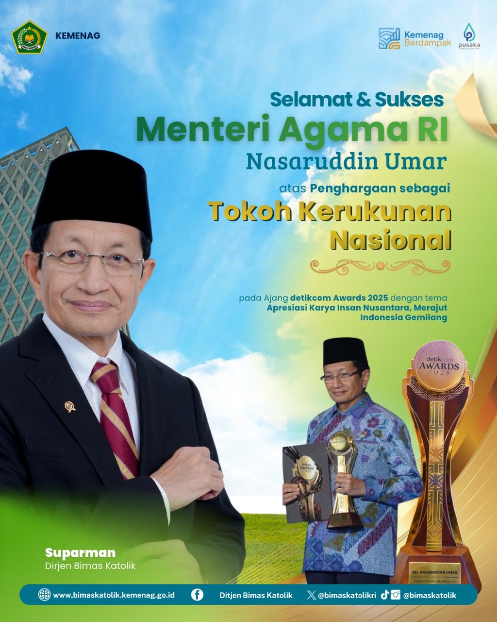 Selamat & Sukses Menteri Agama RI, Nasaruddin Umar atas Penghargaan sebagai Tokoh Kerukunan Nasional