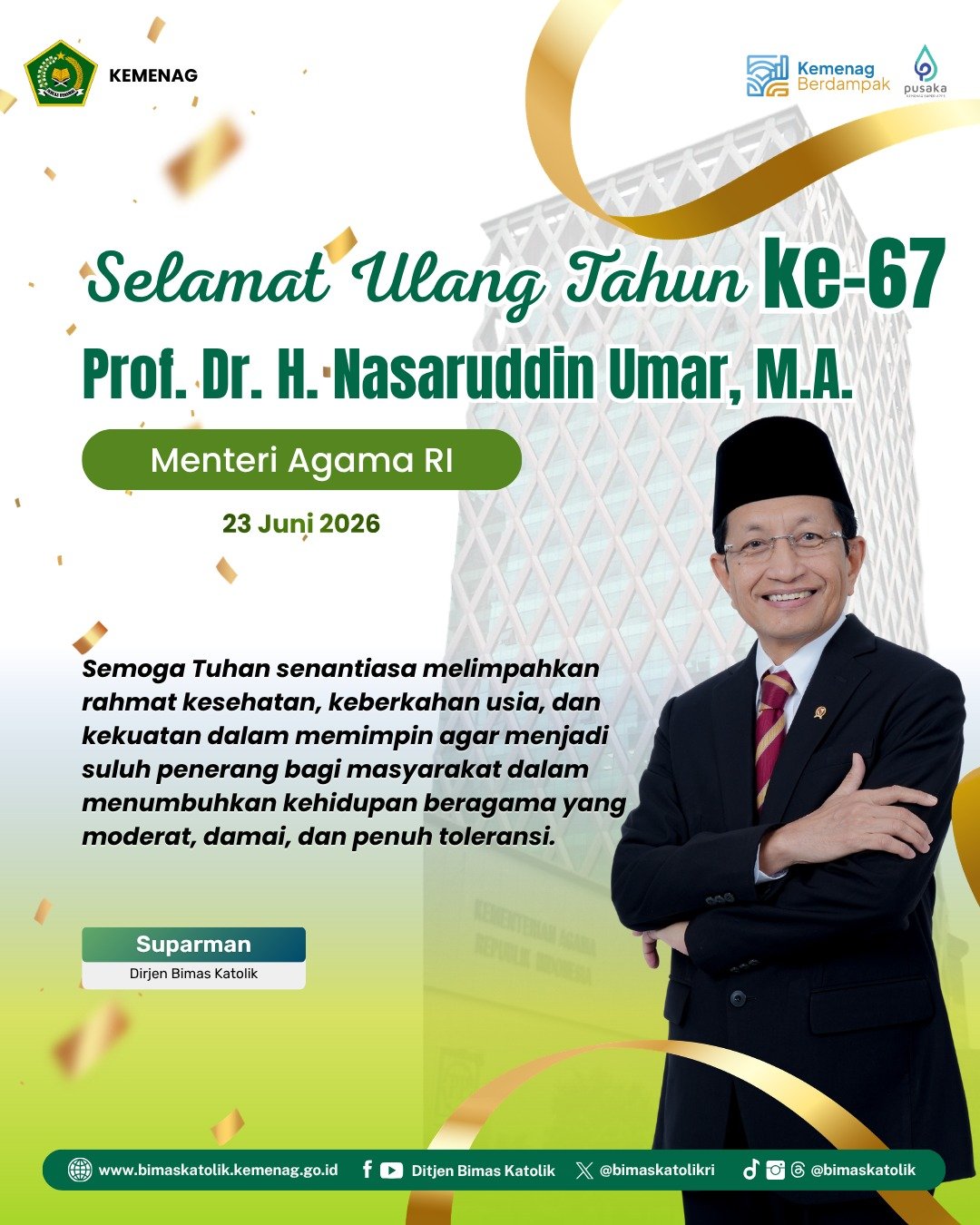 Selamat Ulang Tahun ke-67 Menteri Agama Republik Indonesia, Prof. Dr. KH. H. Nasaruddin Umar, M.A.