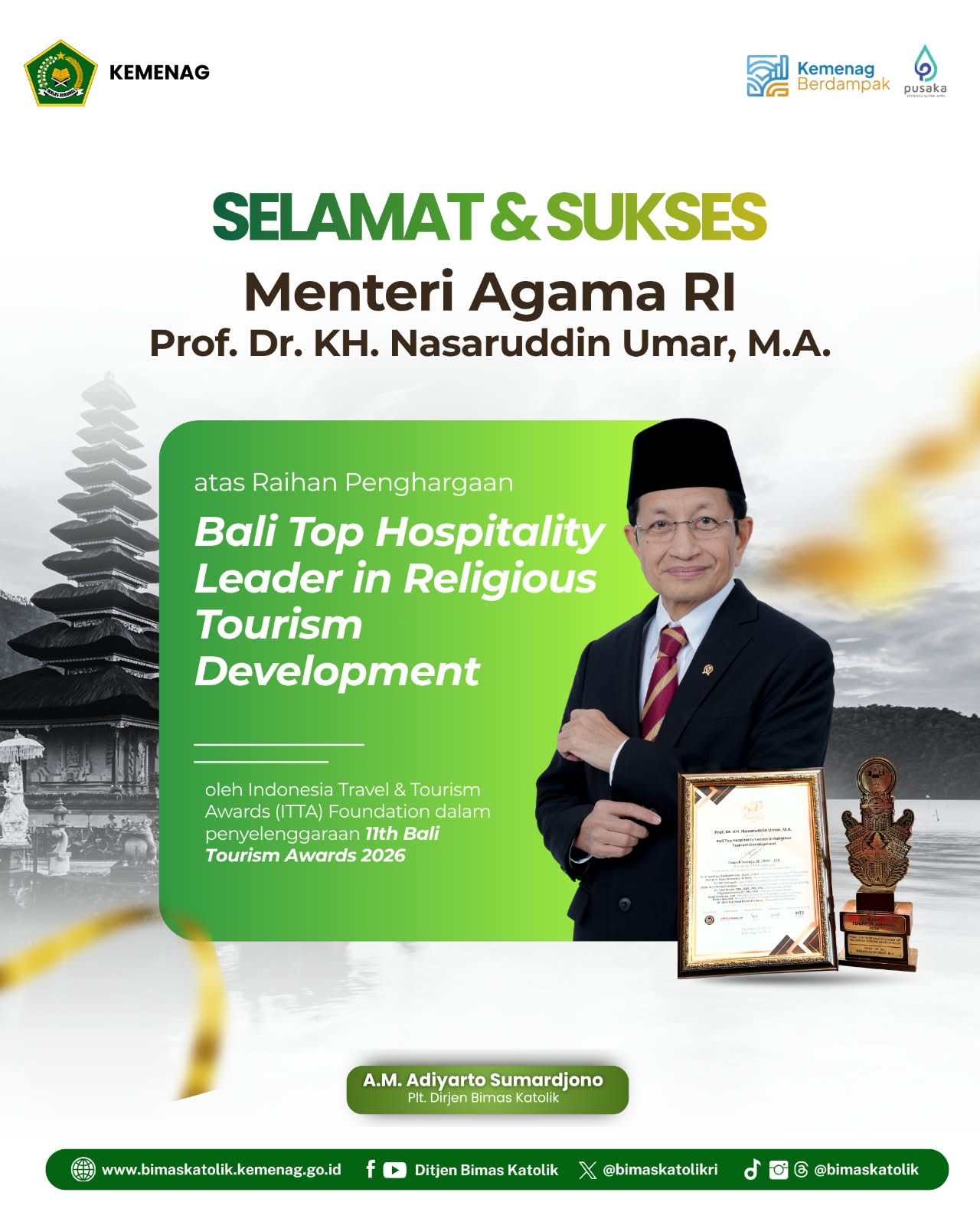 Selamat dan sukses kepada Prof. Dr. KH. Nasaruddin Umar, M.A. atas raihan penghargaan Bali Top Hospitality Leader in Religious Tourism Development pada 11th Bali Tourism Awards 2026.